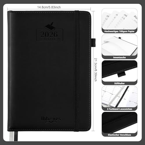 Kalender 2026 A5 Wochenplaner mit Stifthalter Gummiband für Schule Büro (Schwarz)