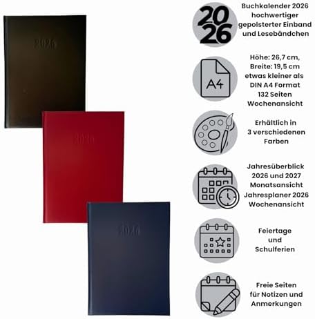 Buchkalender XL 2026 Chefplaner 1 Woche auf 2 Seiten 26,7 x 19,5 cm Schwarz