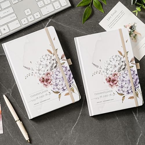 Terminkalender 2026 A5 Wochenplaner mit Innentasche & Blumenmuster 21x15cm