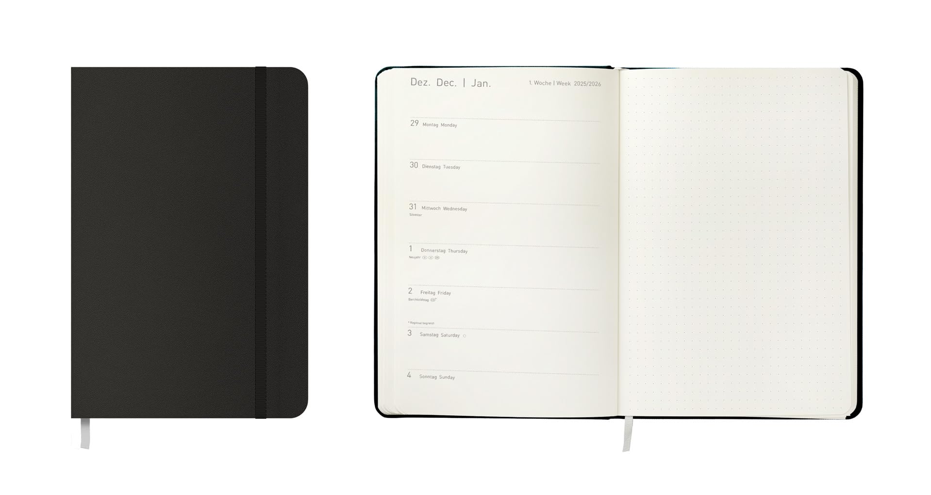 Idena Taschenkalender 2026 9x14 cm - 1 Woche auf 1 Seite Schwarz mit Gummiband & Leseband