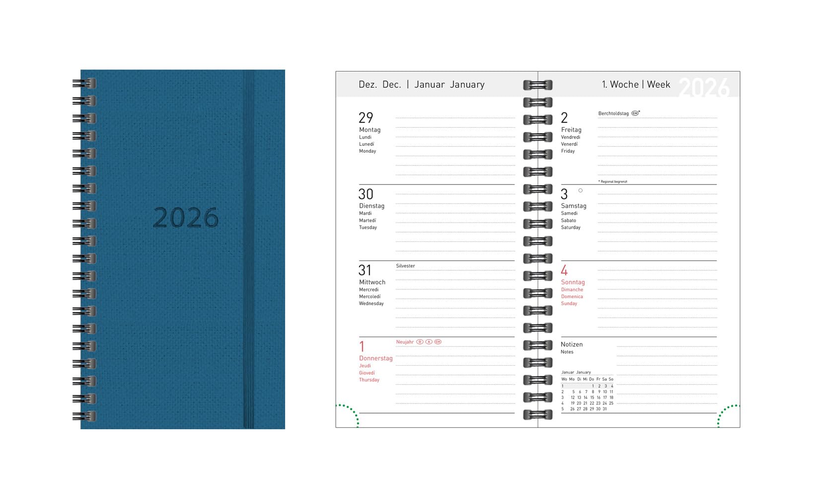 Idena Taschenkalender 2026 8,7 x 15,3 cm 1 Woche auf 2 Seiten Blau Hardcover Spiralbindung