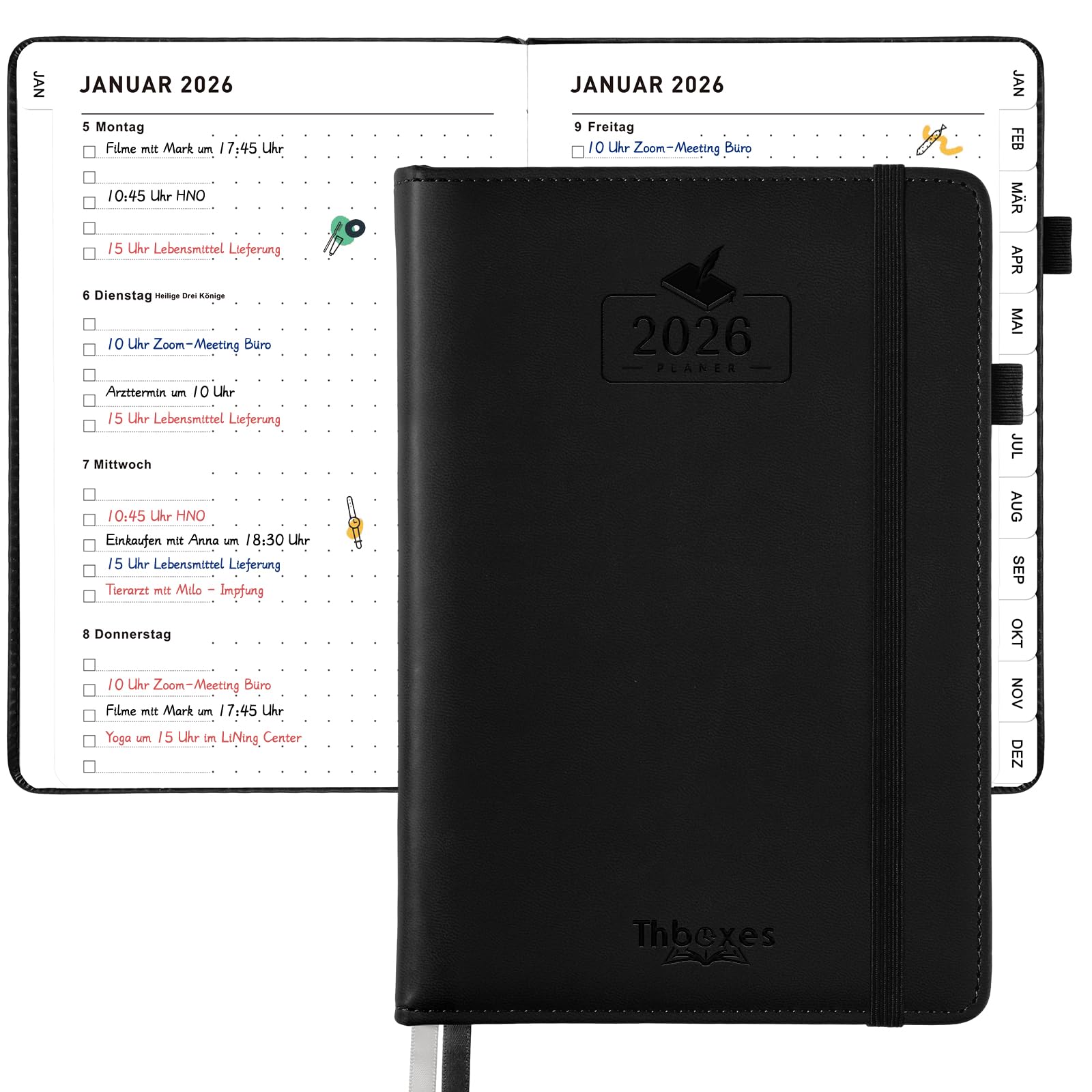 Kalender 2026 A5 Wochenplaner mit Stifthalter Gummiband für Schule Büro (Schwarz)