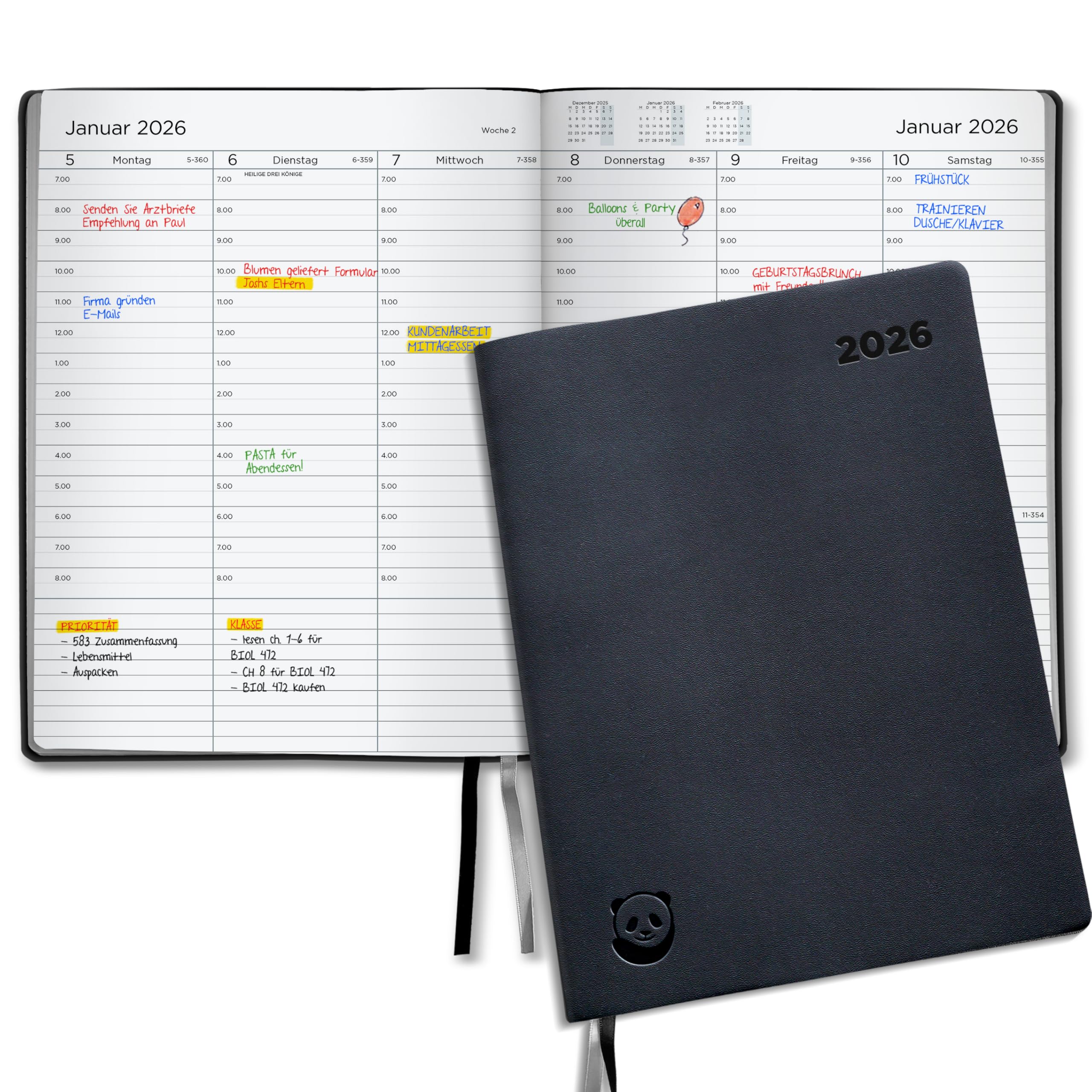 Smart Panda Premium Terminkalender 2026 A4 Silber – Wochenplaner mit Geschenkbox & 30-Min-Intervallen